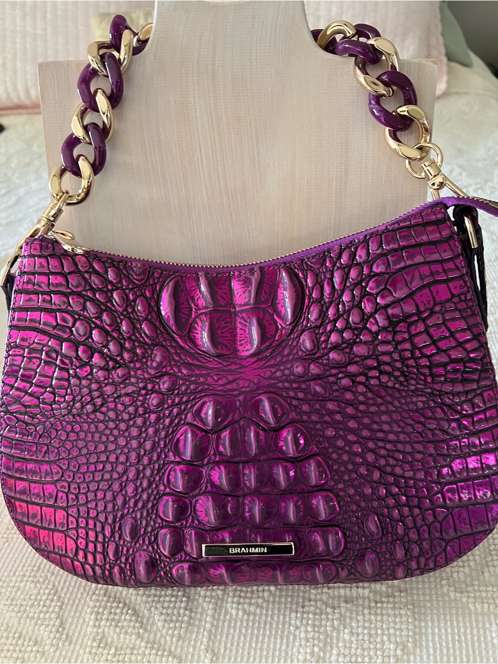 Brahmin Metallic Croc-Embossed Shoulder Bag in voltage violet